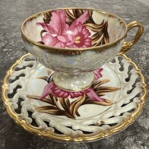 Royal Sealy China Teacup Saucer Iris Flower Lusterware Gold Trim Cutout Japan